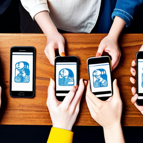 **Prompt:** A diverse group of people using smartphones, focusing on hands and screens displaying SNS "いいね！" (likes) and colorful LINEスタンプ (LINE stamps). Emphasize connection and communication. Style: Vibrant, modern, illustrative.