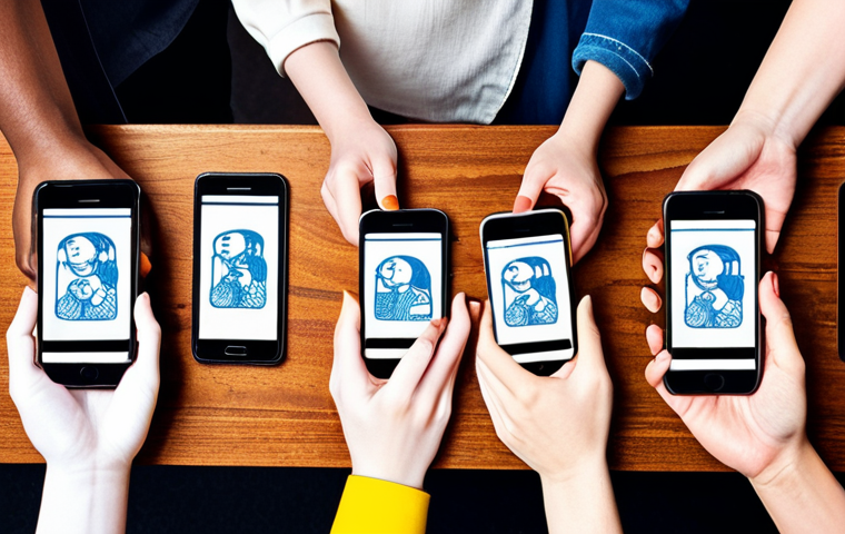 **Prompt:** A diverse group of people using smartphones, focusing on hands and screens displaying SNS "いいね！" (likes) and colorful LINEスタンプ (LINE stamps). Emphasize connection and communication. Style: Vibrant, modern, illustrative.