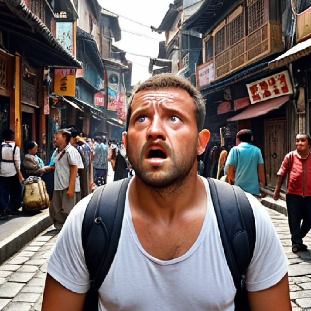 ** A traveler standing in a bustling foreign street, looking slightly overwhelmed and confused by the unfamiliar sights, sounds, and customs. Emphasize the "culture shock" feeling.
**