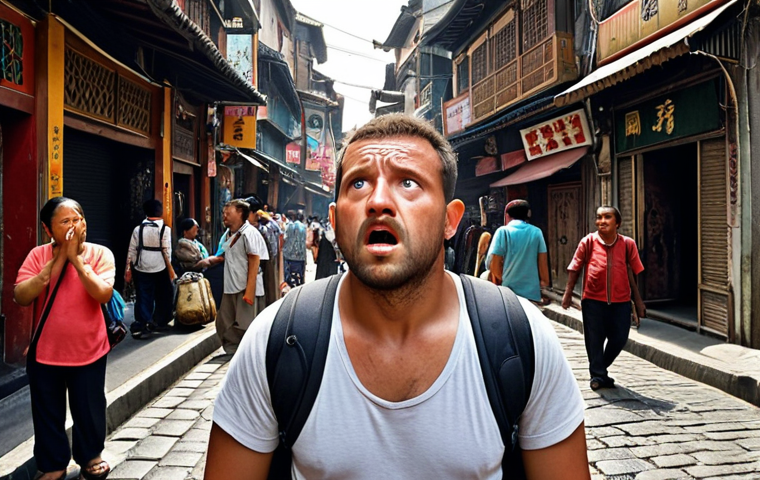 ** A traveler standing in a bustling foreign street, looking slightly overwhelmed and confused by the unfamiliar sights, sounds, and customs. Emphasize the &quot;culture shock&quot; feeling.

**