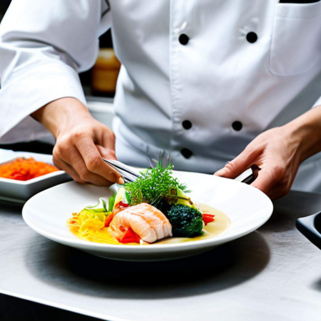 A professional chef, fully clothed in a clean, modest chef's jacket, skillfully preparing a vibrant traditional Japanese meal. The scene is set in a well-lit, immaculate professional kitchen, showcasing fresh seasonal ingredients like colorful vegetables, dashi stock, and beautifully arranged fish. The focus is on the chef's hands, which are well-formed and show proper finger count, meticulously working on the dish. The overall image radiates a sense of culinary artistry and healthy eating. Professional photography, high resolution, natural lighting, sharp focus, perfect anatomy, correct proportions, natural body proportions, safe for work, appropriate content, family-friendly.