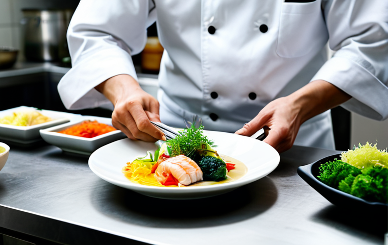 A professional chef, fully clothed in a clean, modest chef&#039;s jacket, skillfully preparing a vibrant traditional Japanese meal. The scene is set in a well-lit, immaculate professional kitchen, showcasing fresh seasonal ingredients like colorful vegetables, dashi stock, and beautifully arranged fish. The focus is on the chef&#039;s hands, which are well-formed and show proper finger count, meticulously working on the dish. The overall image radiates a sense of culinary artistry and healthy eating. Professional photography, high resolution, natural lighting, sharp focus, perfect anatomy, correct proportions, natural body proportions, safe for work, appropriate content, family-friendly.