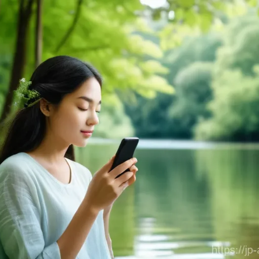 사회적 정체성 형성 - **Prompt: "Digital Serenity and Nature's Embrace"**
A serene young woman, appearing to be in her...