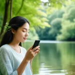 사회적 정체성 형성 - **Prompt: "Digital Serenity and Nature's Embrace"**
    A serene young woman, appearing to be in her...